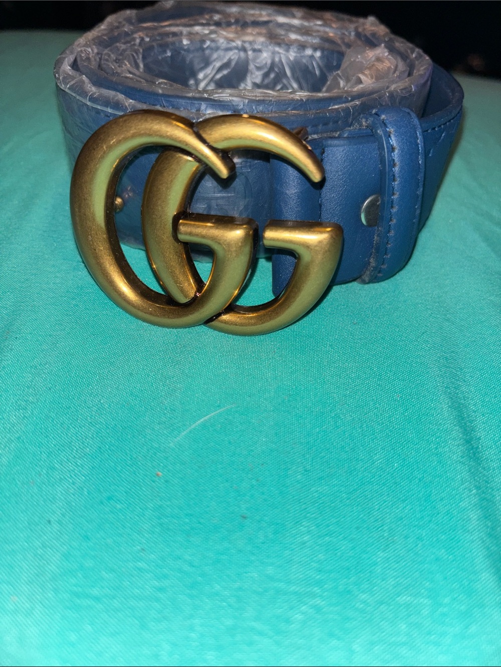 Gucci Blue Leather Belt with Antique Gold Double-G Buckle
